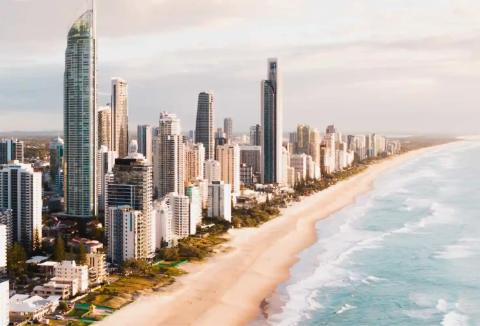 Aerial view of the Surfers Paradise skyline running along the beach