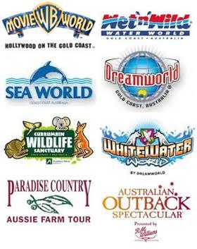 Logos of the Gold Coast theme parks: Movie World, Wet'n'Wild, Sea World, Dreamworld and Whitewater World