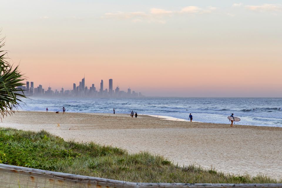 Palm Beach shoreline looking north to the Surfers Paradise skyline